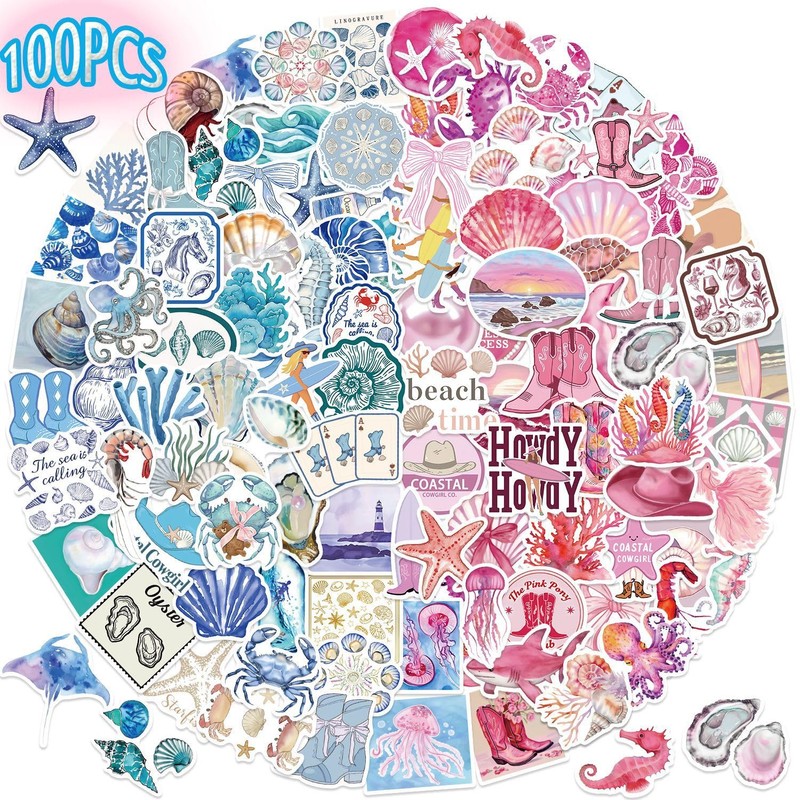 100 Pcs Coastal Cowgirl Stickers， Aesthetic Beach Ocean Decals(Coast)