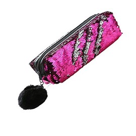 Glitter Cosmetic Bag Mermaid Sequins Portable Double Color Students Pencil Case for Girls Women Handbag Purse Make Up Pouch with Pompon Zip Closure