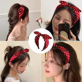 Red Polka Dot Bow Headband Hair Band Top Knot Knotted Bow Headband Hairband for Women Bunny Ear Headband Hair Band Head Band for Women Vintage Bow Headband Headwrap for Women Hair Accessories