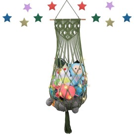 Stuffed Animal Storage Hammock, 63'' Jumbo Boho Macrame Tassels Corner Toy Holder Wall Hanging Net Organizer - Color: green