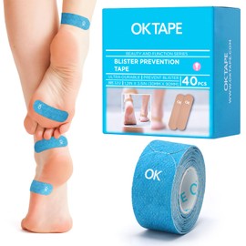OK TAPE Blister Prevention Tape, 40 Pcs, Moleskin for Blisters, No-Residue Blister Bandages for Feet & Body, Heel Patches, 1.2in X 3.5in Precut Strips - Blue