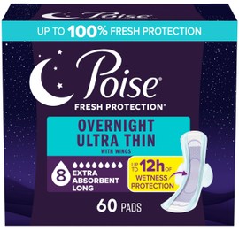 Poise Poise Overnight Ultra Thin Incontinence & Postpartum Pads with Wings for Bladder Leaks, 8 Drop Extra Absorbent, Long Length, 60 Count (3 Packs of 20)