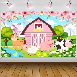Avezano Farm Animals Backdrop for Kids Pink Floral Farm Animals Theme Birthday Baby Shower Party Decorations Girls Pink Barn Door Farm Animals Party Banner 70.8 x 43.3 Inch