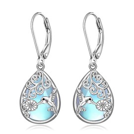 Hummingbird Earrings for Women Sterling Silver Blue Filigree Moonstone Earrings Teardrop Dangle Cute Animal Hummingbird Studs Birthday Jewelry Lover Gifts