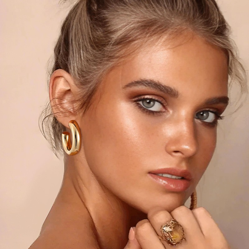 Gacimy Chunky Gold Hoop Earrings for Women 14K Gold Plated,