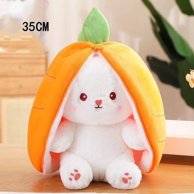 Kawaii Transforming Fruit Bunny Plush Toy, Strawberry and Carrot Rabbit