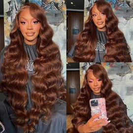 22inch Chocolate Brown Lace Front Wig 13x6 HD Body Wave Human Hair Brown Human Hair Wig 200% Density Pre Plucked Glueless Brown Wigs human hair for Women（22inch）