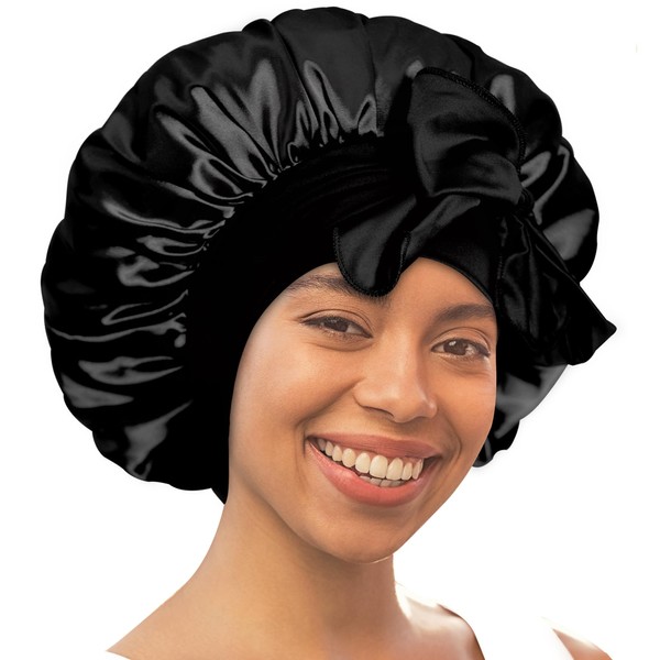 BONNET QUEEN Reversible Satin Silk Sleep Cap Double Layer Adjustable Women's Men's Night Hair Care Cosmetic Protection Head Cap for Curly Long Hair Straight (Black, M)
