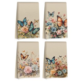 4Pcs Vintage Butterfly Floral Kitchen Towels, Artistic Design Decorative Absorbent Microfiber Dish Cloth Tea Towel, Hand Towels for Farmhouse Home Bathroom, Butterfly Gifts for Women