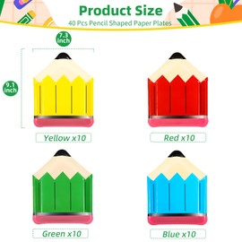 40 Pcs Pencil Shaped Paper Plates – 9 Inch 4 Colors Disposable Plates for Back to School, First Day of School, Teacher Appreciation, Kids Birthday, Kindergarten Graduation Classroom Party Supplies