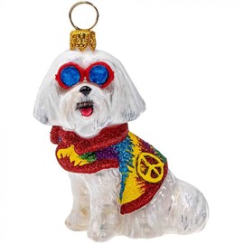 Joy to the World Collectibles Maltese in a Tie Dye Coat and Sunglasses Polish Glass Christmas Ornament