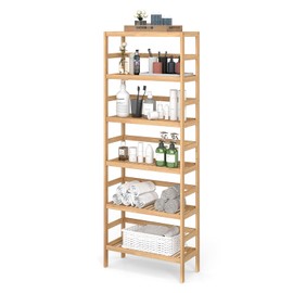Zurssar 6-Tier Bamboo Shelf, Narrow Bathroom Shelf, Standing Storage Rack, Multifunctional Organizer, Plant Stand, Corner Shelf for Kitchen, Living Room, Bedroom, Bathroom, Natural
