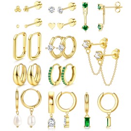 YADOCA 13Pairs Gold Earrings Stacks for Women Dainty Huggie Hoop Earrings Hypoallergenic 14k Gold Plated Flat Back Stud Cartilage Earring Sets for Multiple Piercing Pack