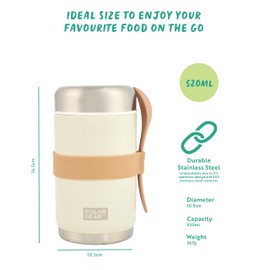 520ml Insulated Food Flasks For Hot Food – Double-Wall Stainless Steel Hot Food Flask With Spoon – Thermal Lunch Box keeps Meals Drinks Hot or Cold for 6 Hours – Leakproof Soup Containers (Cream)