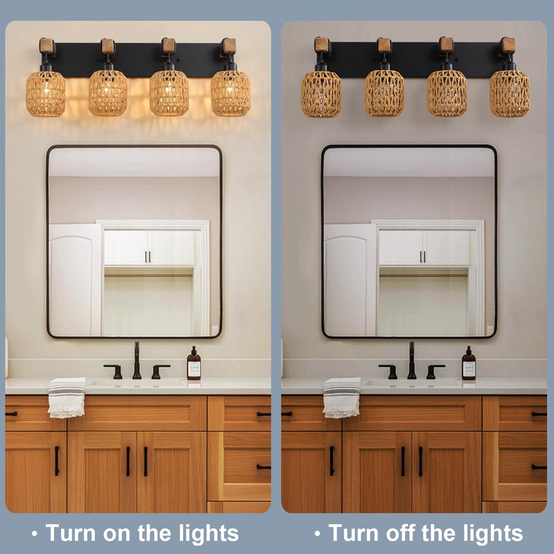 4 Light Bathroom Vanity Light Fixtures,Rustic Style Wood Bathroom Wall