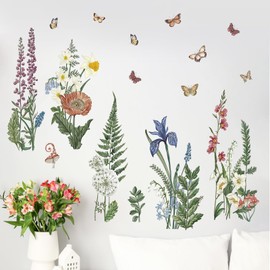 Yovkky Spring Summer Flower Fern Plants Wall Decals Stickers, Natural Botanical Floral Butterfly Home Bedroom Decor, Plant Wildflower Seasonal Living Room Kitchen Decorations Art