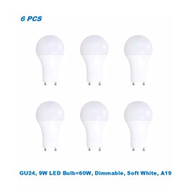 Metro Lighting 6 Bulbs,9W(60W Equivalent), Dimmable,A19 LED,Soft White 3000K,GU24 Base Bulb