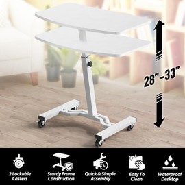 SHW Mobile Height Adjustable Laptop Rolling Cart with Height Adjustment from 28" to 33", White