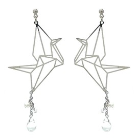 Jewelry Shop M acc26 E Women's Earrings, Screw Spring Type, Japanese Pattern, Origami Asymmetric Accessory, Hypoallergenic, Made in Japan, Silver, Crane R