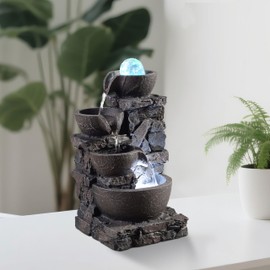 MSEONWXI Indoor Tabletop Fountain with 4-Tier Stone Bowls, Rolling Crystal Ball & LED Lights – Tranquil Waterfall Decor for Home, Office or Zen Space (23066)