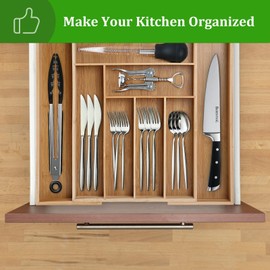 KITCHENTREND Bamboo Silverware Organizer, Expandable Silverware Drawer Organizer, Adjustable Kitchen Drawer Organizer for Cutlery and Utensils(6-8 Slots)