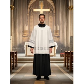 ANDHOM Catholic Premium Clergy Vestment White Midi Polyester Plain Box Pleated Surplice (White, XL)