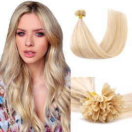Elailite Real Hair Bonding Extensions, 1 g/strand, 40 cm, #18P613 Honey Blonde/Light Blonde, U-Tip Hair Extensions, Keratin, 100 Strands, 100 g