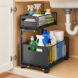 2-Tier Under Sink Organizer for Kitchen & Bathroom – Adjustable Height Pull-Out Metal Storage Shelf for Cluttered Cabinets