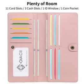 GOIACII Women's Large RFID Protection Slim Wallet for Women Long Format with 11 Card Slots and Photo Window, B02 Pink