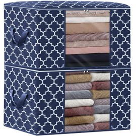 WISELIFE Storage Bags, Large Blanket Clothes Organization and Storage Containers for Bedding, Comforters, Foldable Organizer with Reinforced Handle, Clear Window,Sturdy Zippers,(Blue, 2 x 100L)