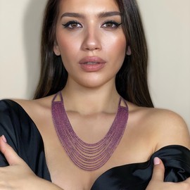 Ever Faith Multi Layered Chunky Collar Necklace, Glitter Purple Rhinestone Waterfall Multi-Strand Chains Statement Bib Necklace Costume Jewelry Silver-Tone