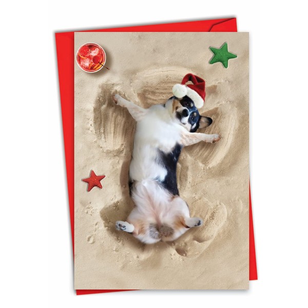 The Best Card Company - Happy Holidays Greeting for Animal Lovers, Adorable Merry Christmas Note Card with Envelope (4.63 x 6.75 Inch) - Holiday Sand Angels Dog C6844FXSG