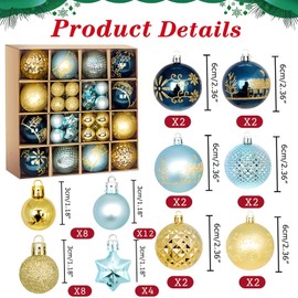 Christmas Baubles Gold Blue, 44 Pieces Christmas Tree Decoration, Hooks for Christmas Baubles Set, Christmas Baubles Plastic for Christmas Tree Decoration, Outdoor Christmas Decoration