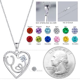 AmorAime 925 Sterling Silver Heart Necklace Nurse Necklace Stethoscope Birthstone Necklace for Doctor Medical Student for Festival, Vacation or Holiday