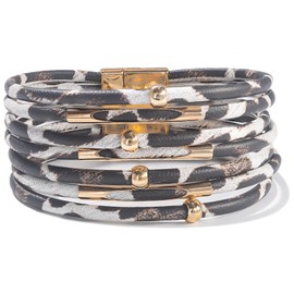 FANCY SHINY Leopard Leather Wrap Bracelet Stackable Boho Tube Beaded Bangle Cuff with Magnetic Clasp Trendy Jewelry for Women(Cow)