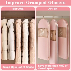 Space Saving Hanging Garment Bag with Self Compression Zipper, Space Saver Clothes Bags Storage for Down Coat, Dust Cover Closet Organizers (L)