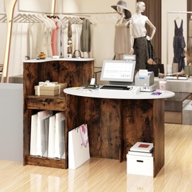 Giantex Reception Desk, Front Counter Desk with Lockable Drawer, Oval Tabletop & Adjustable Shelf, Retail Register Stand, Checkout Table for Office Beauty Salon Reception Room (White & Rustic Brown)