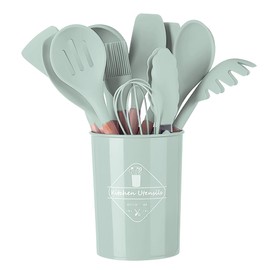 Küchenhelfer set, 12-teilig, mit Besteckbox, Silikon Holzgriff-küchenhelfer,gesund, antihaftbeschichtet, spülmaschinenfest, hitzebeständiges Design