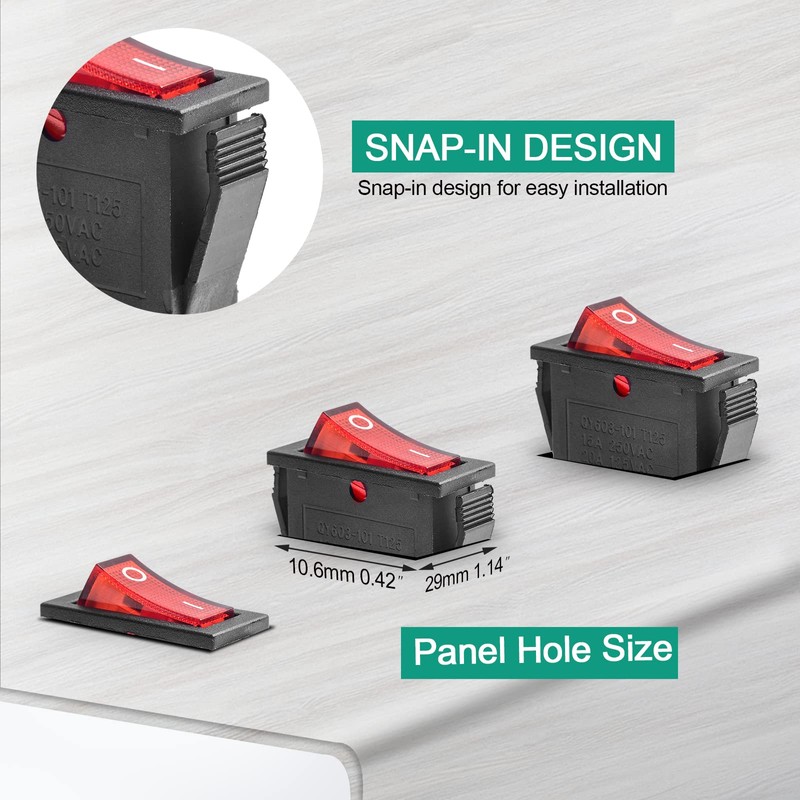 QTEATAK 5Pcs AC 250V/15A, 125V/20A Red Light Pre-Wired Illuminated LED