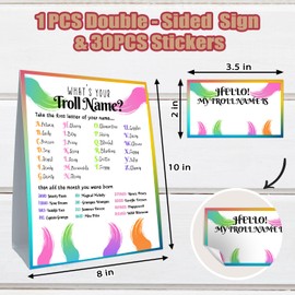 cidobi Troll Game Cards Set, Included 1 Troll Name Game Double Sided Sign, 30Pcs Name Stickers, What's Your Troll Name Card, Suitable for Women Men Birthday Partty Games