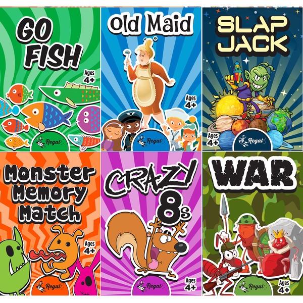 Regal Games Classic Card Games Including Old Maid, Go Fish, Slapjack, Crazy 8's, War, Silly Monster Memory Match (All 6 Games)