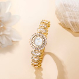 EAMTI Gold Watches for Women Luxury Simulated Diamond Quartz Iced Out Round Waterproof Ladies Dainty Wrist Watches