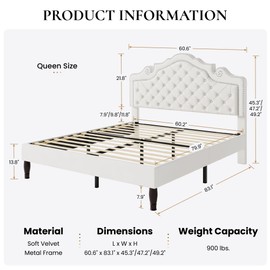 SHA CERLIN Queen Size Bed Frame with Adjustable Headboard/Velvet Upholstered/Diamond Button Tufted and Metal Studs/No Box Spring Needed/Sturdy Wood Slat Support/Easy Assembly/White