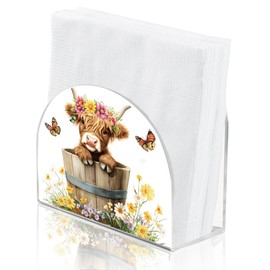 SUPERDANT Highland Cattle Acrylic Napkin Holder Highland Cow in a Barrel Acrylic Cocktail Napkin Holder Acrylic Paper Towel Holder for Kitchen Dining Table Countertop Outdoor Cocktail Napkin Holder