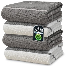 Towelogy Extra Large Tea Towels For Kitchen 100% Cotton – Grey White Dish Cloths for Dish Drying & Household Cleaning (4, Grey White)