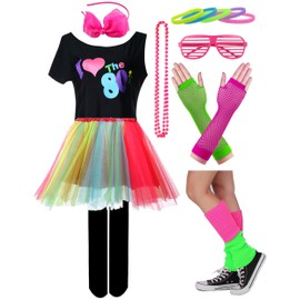 Kid Girl I Love 80s camiseta de los años 80 estrella falda tutú de lentejuelas con collar de neón lazo diadema clip para el pelo (8/10, estilo 1-colorido)