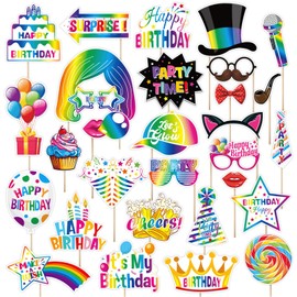 30 PCS Birthday Party Photo Booth Props Cute Rainbow Design Selfie Photo Booth Props Bday Party Decoration Set for Women Men Girls Kid - Easy to Assemble