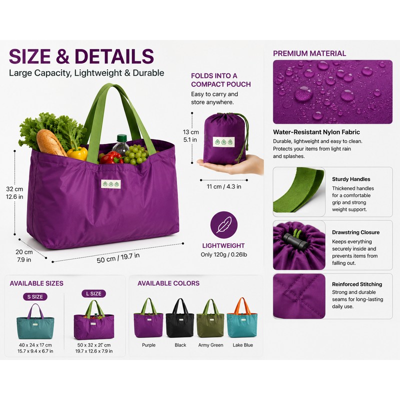 Large Capacity Foldable Shopping Bag with Drawstring Closure