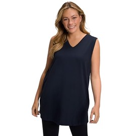 Ulla Popken Women's V-Neck Relaxed Sleeveless Cotton T-Shirt, navy blue
