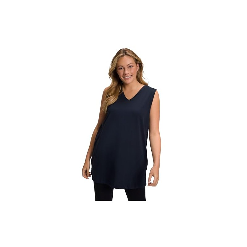 Ulla Popken Women's V-Neck Relaxed Sleeveless Cotton T-Shirt, navy blue